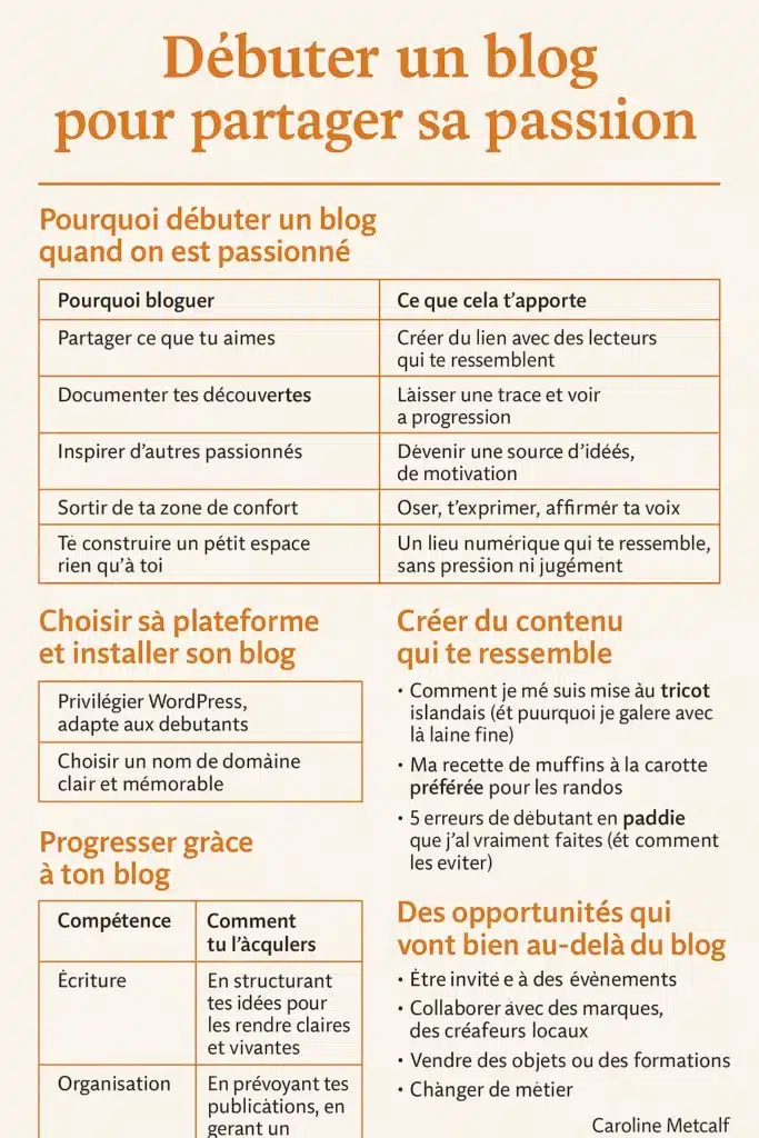 Infographie : débuter un blog pour partager sa passion – raisons de bloguer, conseils de plateforme, idées de contenu, compétences acquises et opportunités à long terme.