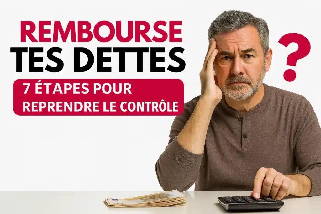 Homme préoccupé assis devant une calculatrice et des billets, avec le texte 'Rembourse tes dettes - 7 étapes pour reprendre le contrôle'